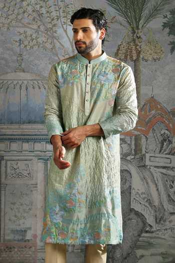Buy_Asuka_Blue Chanderi Silk Aqua Pastel Garden Embroidered Kurta Set _Online_at_Aza_Fashions