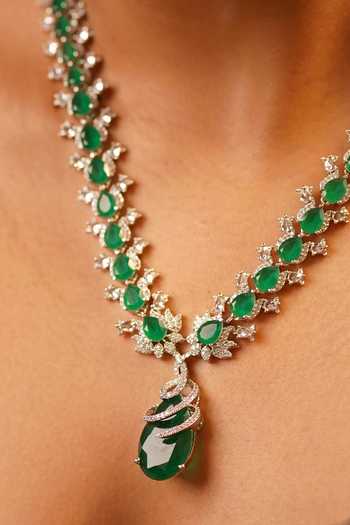 MRJEWELS_Green Emerald Imitation Diamond Necklace Set _Online_at_Aza_Fashions