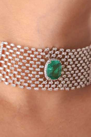 MRJEWELS_Green Emerald Grid Pearl Embellished Choker Set _Online_at_Aza_Fashions