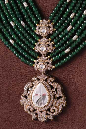 MRJEWELS_Green Royal Polki Maharani Bead Work Necklace Set _Online_at_Aza_Fashions