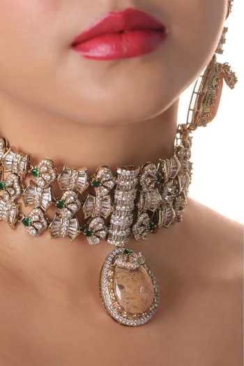 MRJEWELS_Orange Maharani Aura Cabochon Choker Set _Online_at_Aza_Fashions