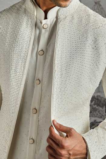 Asuka_Ivory Structured Jacquard Sherwani Set _Online_at_Aza_Fashions