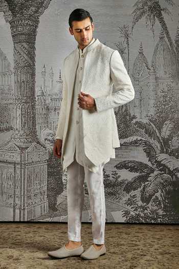Asuka_Ivory Structured Jacquard Sherwani Set _at_Aza_Fashions