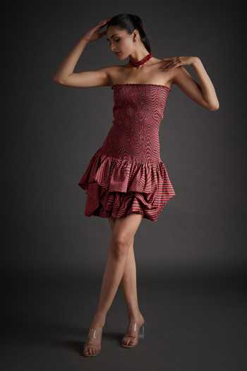 Jyoti Sachdev Iyer_Red Cotton Bandeau Neck Geometric Print Dress _Online_at_Aza_Fashions