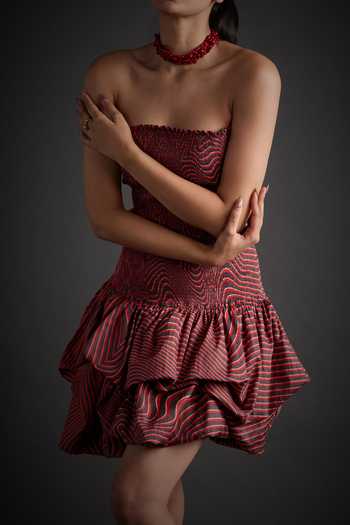 Buy_Jyoti Sachdev Iyer_Red Cotton Bandeau Neck Geometric Print Dress _Online_at_Aza_Fashions