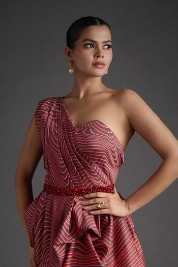 Buy_Jyoti Sachdev Iyer_Red Cotton One Shoulder Geometric Print Dress With Belt _Online_at_Aza_Fashions