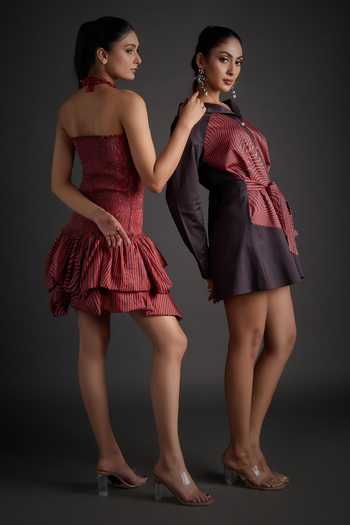Jyoti Sachdev Iyer_Red Cotton Collared Geometric Print Dress With Belt _Online_at_Aza_Fashions