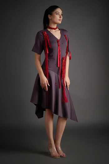 Jyoti Sachdev Iyer_Red Cotton V-neck Asymmetric Applique Dress _Online_at_Aza_Fashions