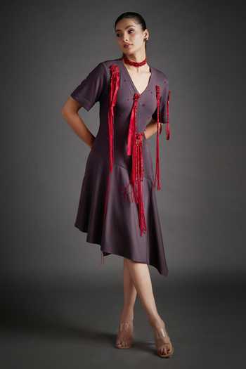 Buy_Jyoti Sachdev Iyer_Red Cotton V-neck Asymmetric Applique Dress _Online_at_Aza_Fashions