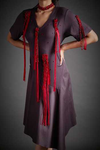 Shop_Jyoti Sachdev Iyer_Red Cotton V-neck Asymmetric Applique Dress _Online_at_Aza_Fashions