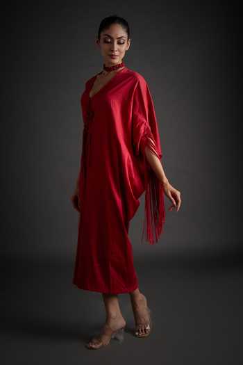 Jyoti Sachdev Iyer_Red Cotton, Modal, Lycra V-neck Beaded Applique Dress _Online_at_Aza_Fashions