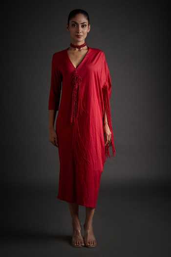 Buy_Jyoti Sachdev Iyer_Red Cotton, Modal, Lycra V-neck Beaded Applique Dress _Online_at_Aza_Fashions