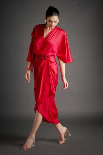 Jyoti Sachdev Iyer_Red Satin, Lycra V-neck Draped Embellished Dress _Online_at_Aza_Fashions