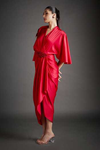 Buy_Jyoti Sachdev Iyer_Red Satin, Lycra V-neck Draped Embellished Dress _Online_at_Aza_Fashions