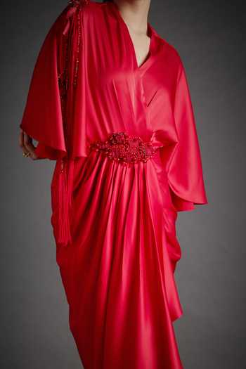 Buy_Jyoti Sachdev Iyer_Red Satin, Lycra V-neck Draped Embellished Dress 