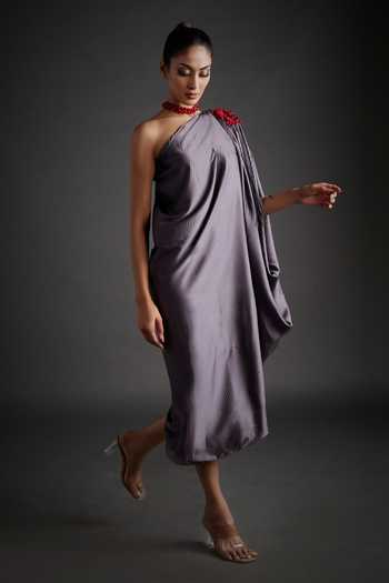 Jyoti Sachdev Iyer_Grey Satin, Lycra Asymmetric, One Shoulder Draped Dress _Online_at_Aza_Fashions