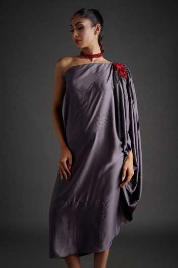 Buy_Jyoti Sachdev Iyer_Grey Satin, Lycra Asymmetric, One Shoulder Draped Dress _Online_at_Aza_Fashions