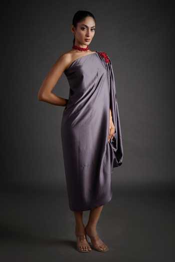 Shop_Jyoti Sachdev Iyer_Grey Satin, Lycra Asymmetric, One Shoulder Draped Dress _Online_at_Aza_Fashions