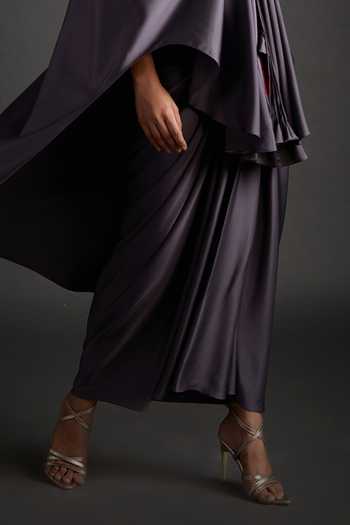 Jyoti Sachdev Iyer_Grey Satin, Lycra V-neck Placed Embellished Top With Skirt _Online_at_Aza_Fashions