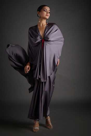 Shop_Jyoti Sachdev Iyer_Grey Satin, Lycra V-neck Placed Embellished Top With Skirt _Online_at_Aza_Fashions
