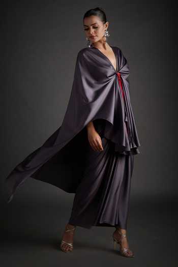 Jyoti Sachdev Iyer_Grey Satin, Lycra V-neck Placed Embellished Top With Skirt _at_Aza_Fashions