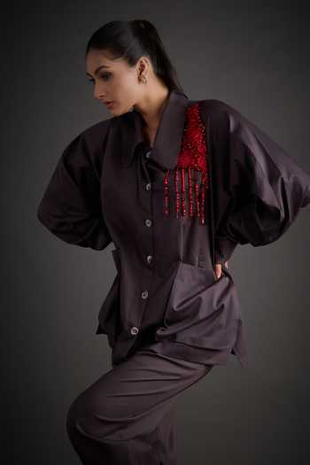 Jyoti Sachdev Iyer_Grey Linen Collared Placed Embellished Shirt With Trouser _Online_at_Aza_Fashions