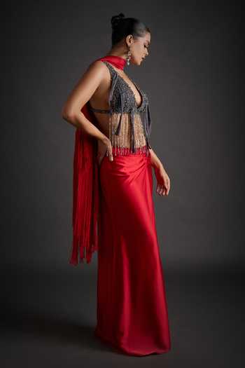 Jyoti Sachdev Iyer_Red Satin, Lycra Sequins, Beads, Tassels, Pre-draped Saree With Beaded Bralette _Online_at_Aza_Fashions