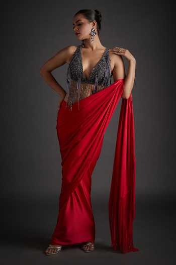 Buy_Jyoti Sachdev Iyer_Red Satin, Lycra Sequins, Beads, Tassels, Pre-draped Saree With Beaded Bralette _Online_at_Aza_Fashions