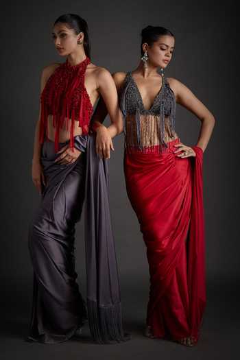 Shop_Jyoti Sachdev Iyer_Red Satin, Lycra Sequins, Beads, Tassels, Pre-draped Saree With Beaded Bralette _Online_at_Aza_Fashions