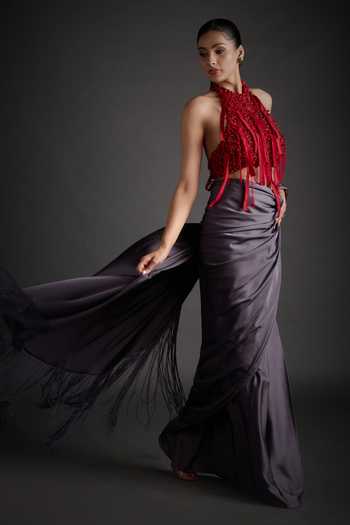 Jyoti Sachdev Iyer_Grey Satin, Lycra Halter Neck Beaded Blouse And Pre-draped Saree Set _Online_at_Aza_Fashions