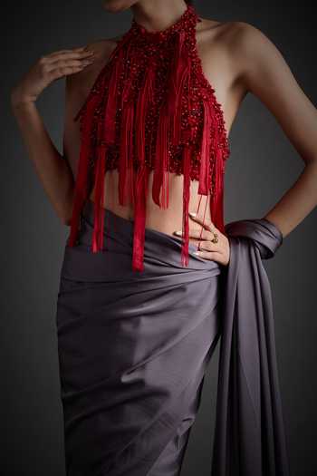 Buy_Jyoti Sachdev Iyer_Grey Satin, Lycra Halter Neck Beaded Blouse And Pre-draped Saree Set _Online_at_Aza_Fashions