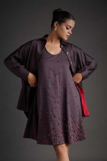 Jyoti Sachdev Iyer_Grey Cotton Collared, Scoop Neck Embellished Shirt And Dress Set _Online_at_Aza_Fashions