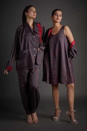 Buy_Jyoti Sachdev Iyer_Grey Cotton Collared, Scoop Neck Embellished Shirt And Dress Set _Online_at_Aza_Fashions
