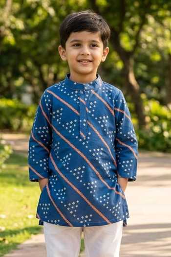 Buy_Pankhuri By Priyanka_Blue Cotton Diagonal Bandhej Stripe Print Kurta Set _Online_at_Aza_Fashions