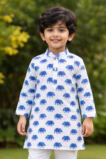 Pankhuri By Priyanka_White Cotton Elephant Print Kurta Set _Online_at_Aza_Fashions