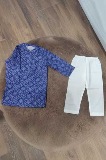Shop_Pankhuri By Priyanka_Blue Cotton Deep Bandhej Print Kurta Set _Online_at_Aza_Fashions