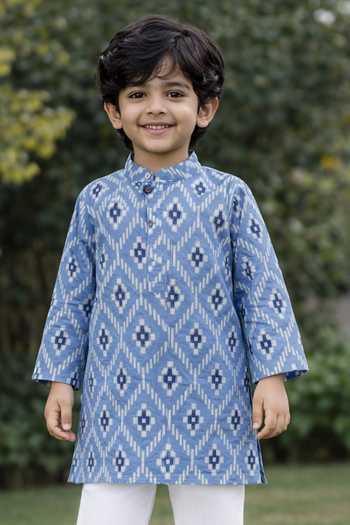 Buy_Pankhuri By Priyanka_Blue Cotton Ikat Print Kurta Set _Online_at_Aza_Fashions