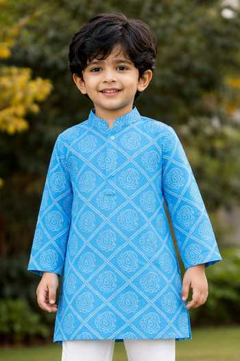 Buy_Pankhuri By Priyanka_Blue Cotton Bandhej Print Kurta Set _Online_at_Aza_Fashions