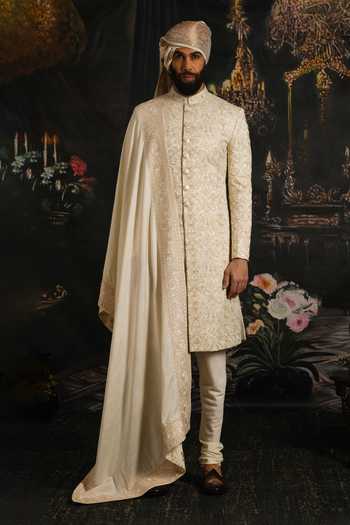 Punit Arora_Ivory Silk, Cotton, Satin Royal Hand Embroidered Sherwani Set _Online_at_Aza_Fashions