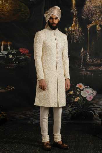 Shop_Punit Arora_Ivory Silk, Cotton, Satin Royal Hand Embroidered Sherwani Set _Online_at_Aza_Fashions