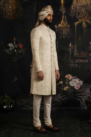 Punit Arora_Ivory Silk, Cotton, Satin Royal Hand Embroidered Sherwani Set _at_Aza_Fashions