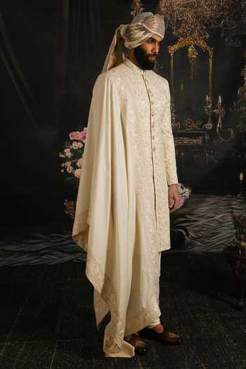 Buy_Punit Arora_Ivory Silk, Cotton, Satin Royal Hand Embroidered Sherwani Set 
