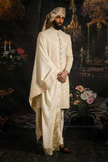 Shop_Punit Arora_Ivory Silk, Cotton, Satin Royal Hand Embroidered Sherwani Set 