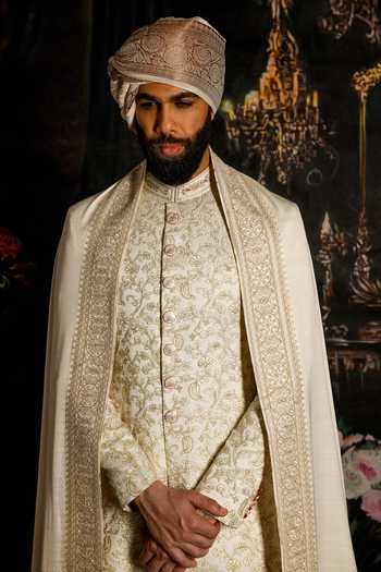 Buy_Punit Arora_Cream Silk, Satin Oyster Raw Embroidered Sherwani Set _Online_at_Aza_Fashions