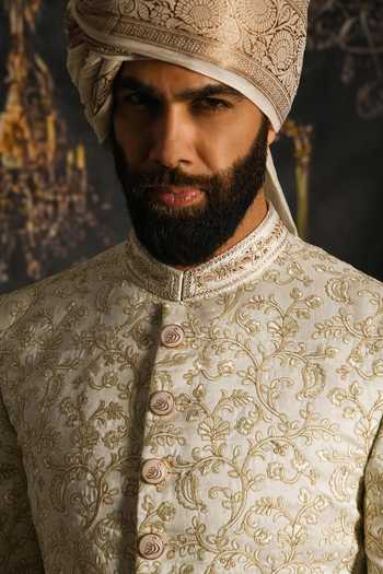 Shop_Punit Arora_Cream Silk, Satin Oyster Raw Embroidered Sherwani Set _Online_at_Aza_Fashions