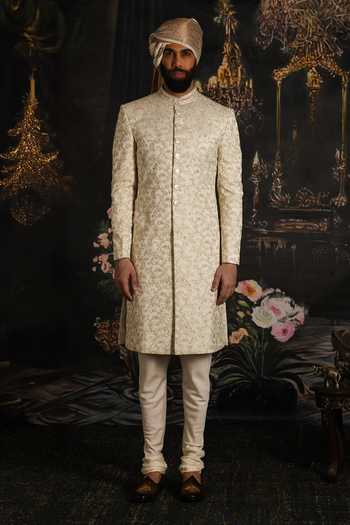 Buy_Punit Arora_Cream Silk, Satin Oyster Raw Embroidered Sherwani Set 