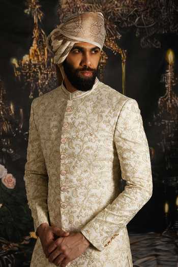 Shop_Punit Arora_Cream Silk, Satin Oyster Raw Embroidered Sherwani Set 