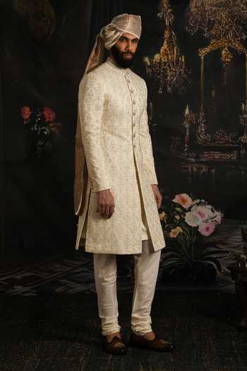 Punit Arora_Ivory Silk, Satin Sea Pearl Embroidered Sherwani Set _Online_at_Aza_Fashions