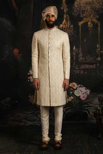 Buy_Punit Arora_Ivory Silk, Satin Sea Pearl Embroidered Sherwani Set _Online_at_Aza_Fashions