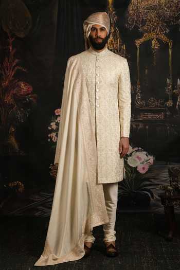 Shop_Punit Arora_Ivory Silk, Satin Sea Pearl Embroidered Sherwani Set _Online_at_Aza_Fashions